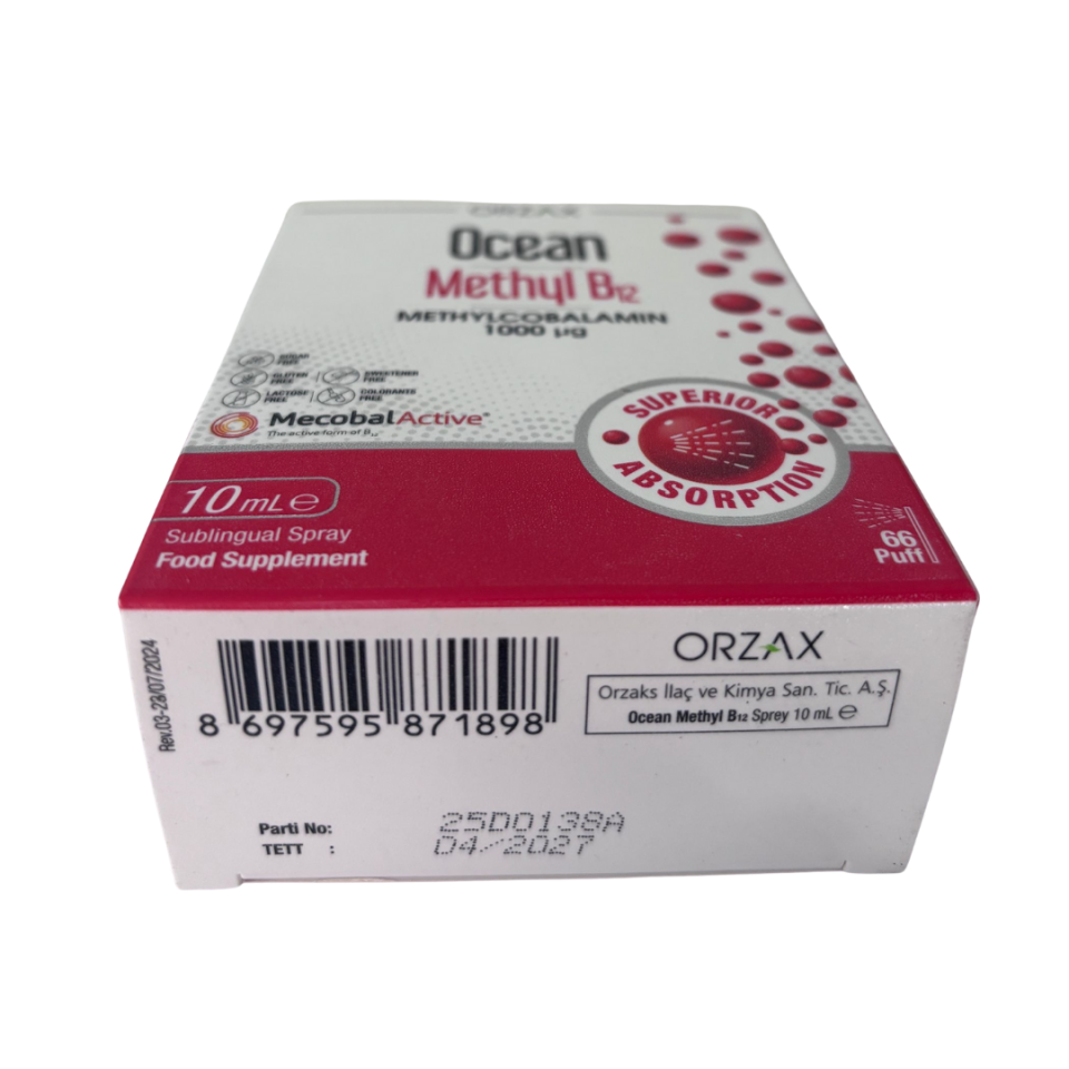 Orzax Ocean Methyl B12 Sprey | 1000 mcg | 10 ml | 66 Puf