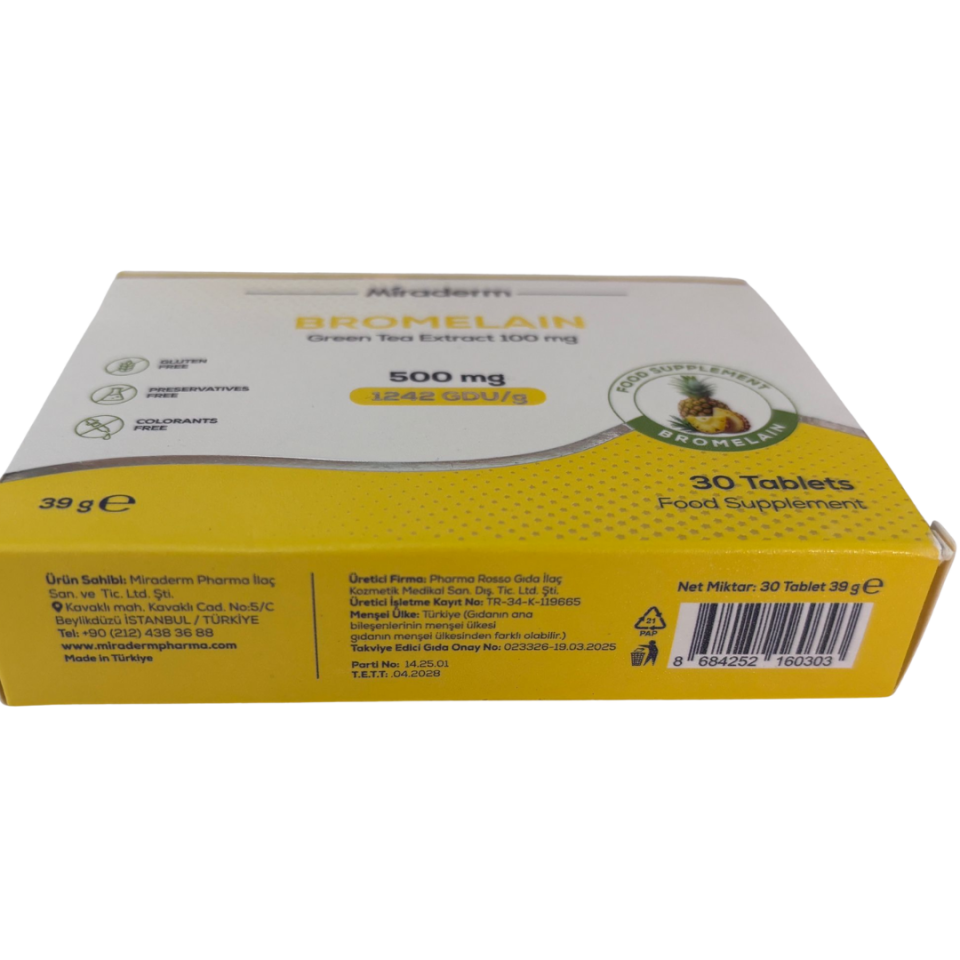 Miraderm Bromelain 500 mg + Yeşil Çay Ekstresi 100 mg | 30 Tablet