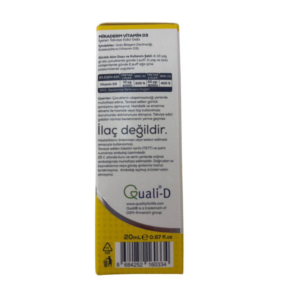 Miraderm Vitamin D3 Sprey Form 400 IU – 20 ml (133 Puf)
