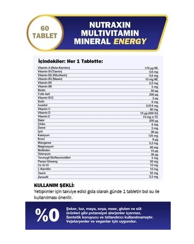 Nutraxin Multivitamin Mineral Immune Complex 60 Tbl - Magnezyum, C, D, Zinc, Demir, B12, Kolin, İyot